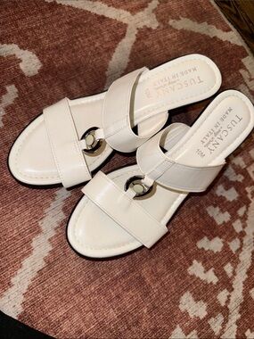 Tuscany White Slide Sandals with Metal Ring Accent
